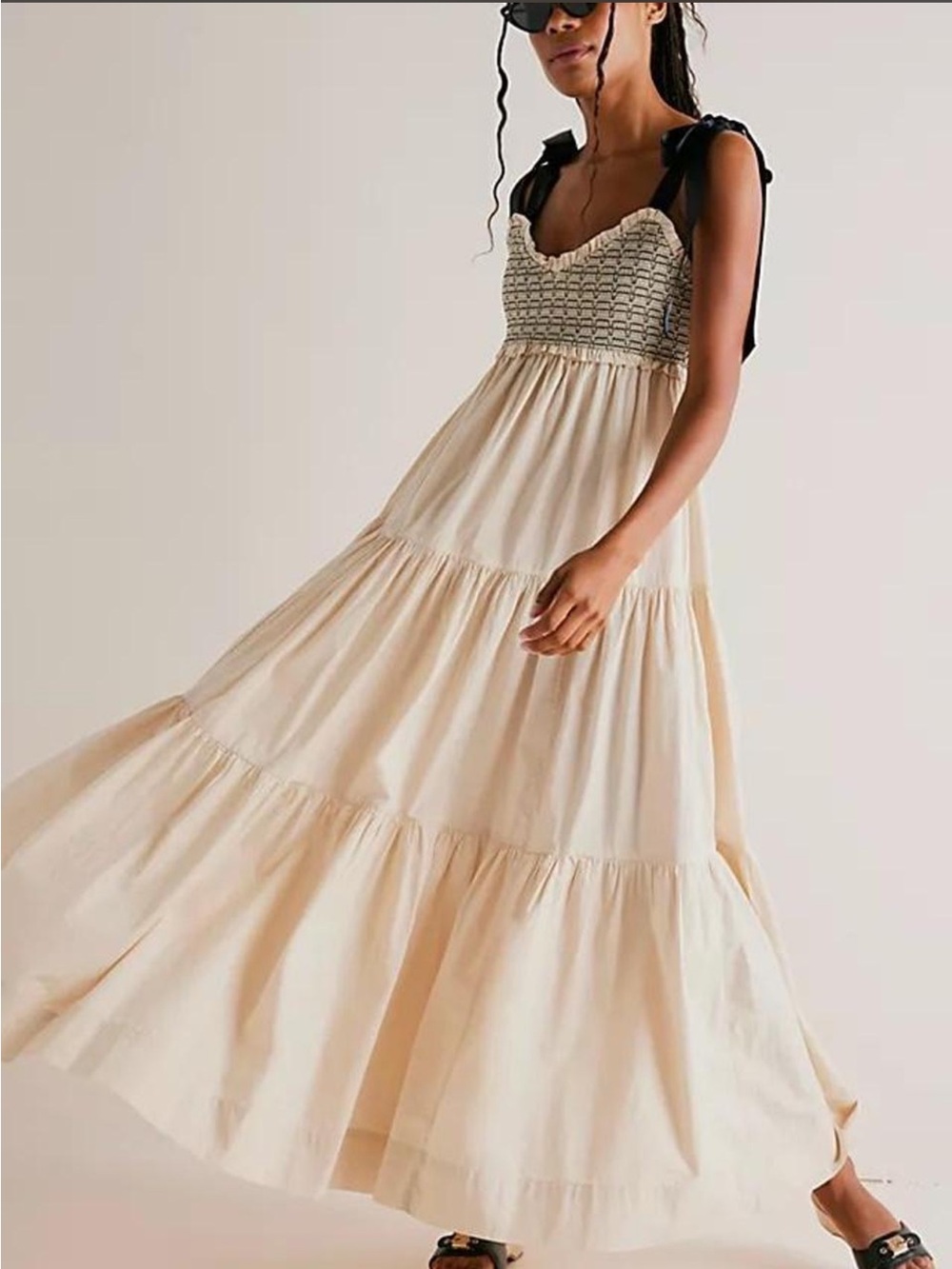Free People Cream Tiered Maxi with Black Tie Straps